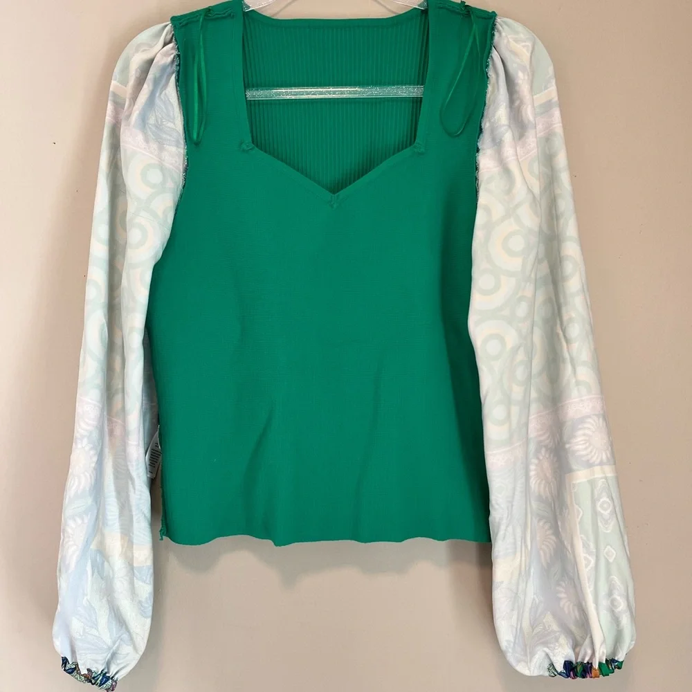 Bailey 44 Green Ribbed Knit Boho Satin Ballon Sleeves Top sz XL - Picture 8 of 12